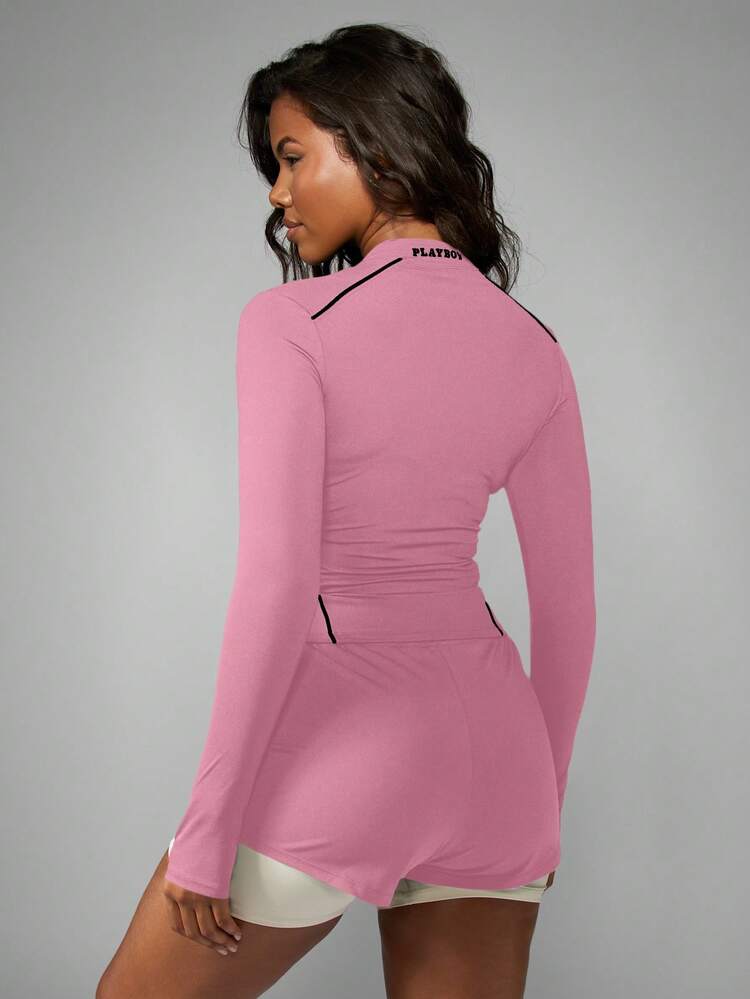 Missguided x Playboy Long Sleeve Zip Through Top With Black Contrast Piping And Bunny Logo