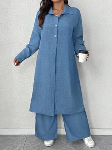 SHEIN Elenzya Plus Size Pleated Textured Fabric Collared Long Sleeve Long Shirt And Loose Straight Leg Pants Casual Outfit, 2pcs Set - Blue - View 5