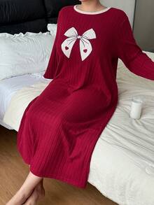 SHEIN Plus Size Women's Ribbed Knit Butterfly Embroidered Sweet Casual Round Neck Long Sleeve Long Nightgown, Autumn/Winter, Moo Moo Night Dress - Red - View 6