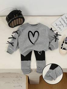 2pcs/Set Girls Casual Chic Grey Heart Pattern Long Sleeve Crew Neck Sweatshirt With 3D Bow Sleeve And Black Leggings, Cute Outfit For Autumn/Winter