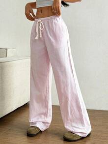 Flirla Petite Quần ống rộng cạp thấp bằng vải cotton màu hồng kẻ sọc, dây rút, túi bên hông, ống đứng, thường ngày, ngọt ngào và thanh lịch dành cho phụ nữ nhỏ nhắn, mùa xuân/hè - Hồng - Xem 4