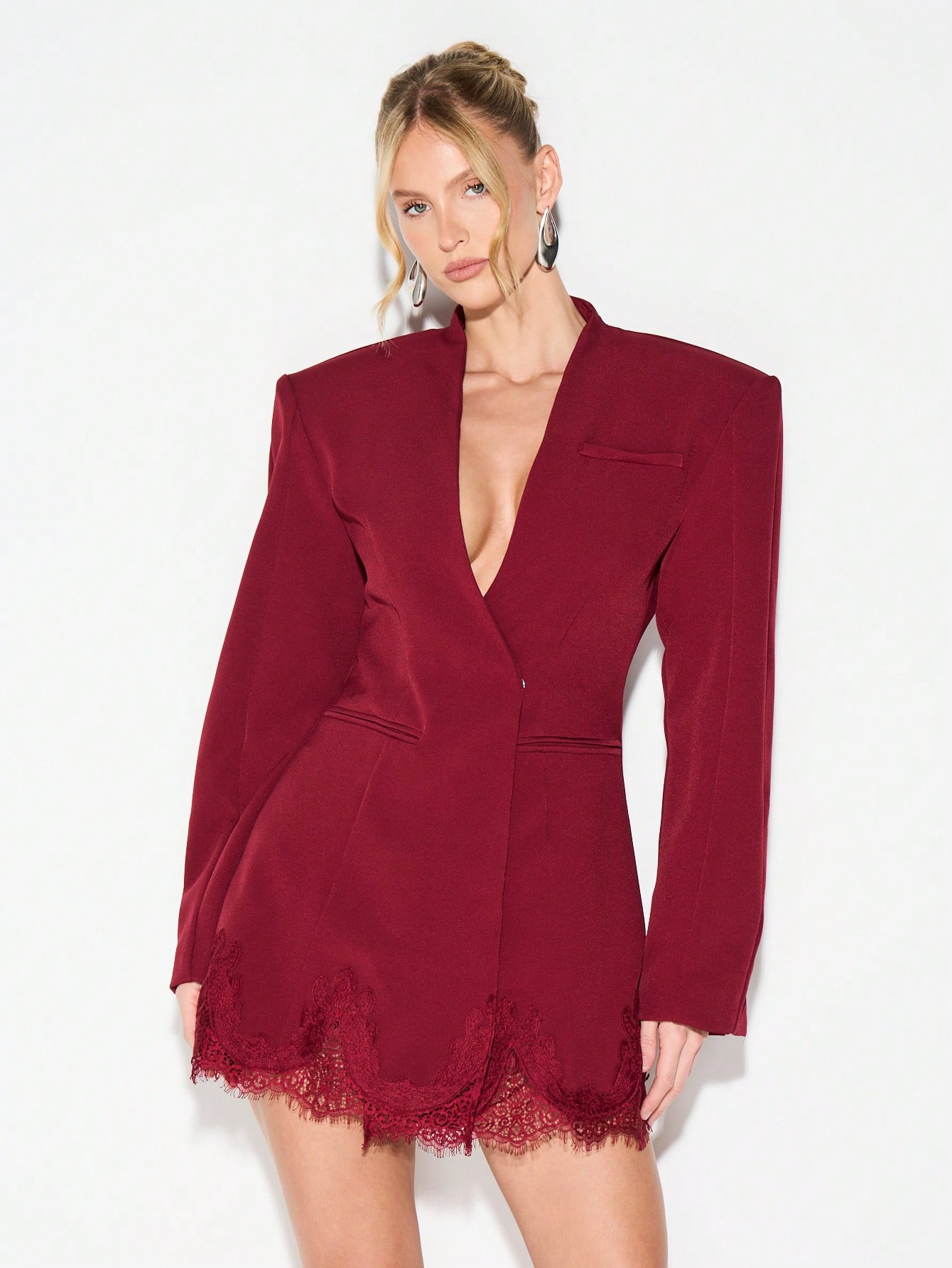 KIZN Burgundy Lace Trim Blazer Dress With Shoulder Pads