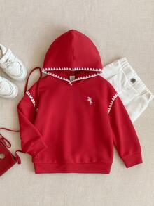 PrepCrw 1 Stück eleganter urbaner Lässig College Stil weißer Stickerei weiß verzierter roter Kapuzen-Langarm-Sweatshirt, geeignet für Lässig Ausflüge, Treffen, Herbst, Winter, Valentinstag rotes Kind rotes Sweatshirt Kinder Sweatshirt - Rot - Übersicht 1