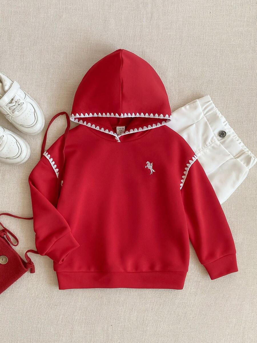 PrepCrw 1 Stück eleganter urbaner Lässig College Stil weißer Stickerei weiß verzierter roter Kapuzen-Langarm-Sweatshirt, geeignet für Lässig Ausflüge, Treffen, Herbst, Winter, Valentinstag rotes Kind rotes Sweatshirt Kinder Sweatshirt - Rot - Übersicht 1
