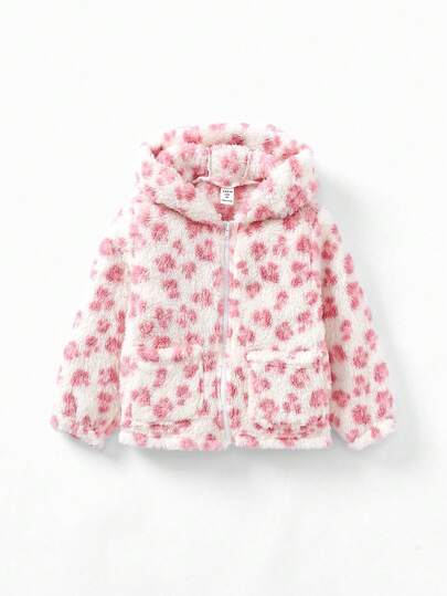 Maija Kids Maija Kids Leopard Print Plush Hooded Jacket With Ear Decor, Casual Style For Young Girls, Cute Jacket, Jacket For Kids Girl, Girls Jacket With Hoodie