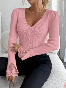 EMERY ROSE Áo len dệt kim tay bồng cổ chữ V phối ren Pháp, đính ngọc trai, dài tay - Hồng - Xem 7