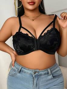 SHEIN Plus Size Women Lace Patchwork Front Closure Lingerie - Black - View 4