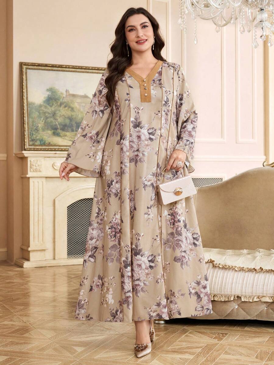Al Najma 大码女式V领印花长袖土耳其/阿拉伯传统长裙 - 咖啡棕 - 查看 1
