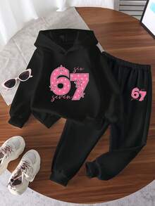 2pcs/Set Baby Girl Casual Fashion Sweatshirt Set, Funny Number 67 Design, Long Sleeve Hoodie And Loose Sweatpants, Comfortable Athleisure Outfit, Suitable For Autumn/Winter/Spring