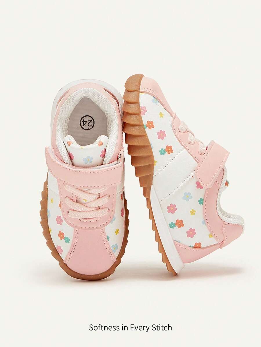1双花卉图案舒适防滑软底休闲运动鞋，适合幼儿女童，百搭设计，四季皆宜 - 粉色 - 查看 1