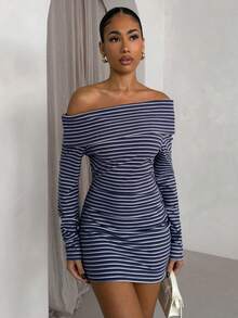 Glamine Women's Fashionable Multi-Color Striped Print Off-Shoulder Long Sleeve Dress - Multicolor - View 4