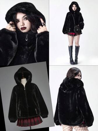 Veste à capuche zippée en fausse fourrure de style punk sombre pour femmes, mode automne/hiver
