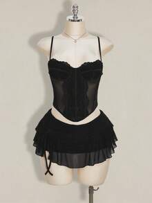 SHEIN ICON 女士黑色蕾丝拼接紧身纯色不对称下摆吊带背心 - 黑色 - 查看 5