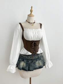 Elamini 女士春秋季休闲时尚街头风度假风方领荷叶袖系带修身衬衫 - 白色 - 查看 6