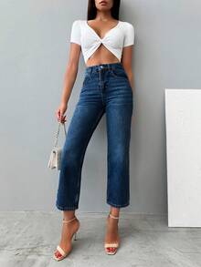 EURMUSE 女士简约日常牛仔裤，饰有猫须图案 - 霧霾藍 - 查看 5