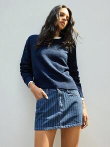 Maija 女士条纹牛仔迷你裙，都市通勤商务休闲风，优雅百搭，适合感恩节、圣诞节、新年派对等场合，休闲时尚牛仔裙 - 中等水洗藍 - 查看 3