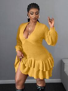 Maweii Vestido de punto casual con cuello en V, mangas raglán y volantes en el bajo, talla grande y unicolor - Amarillo - Ver 4