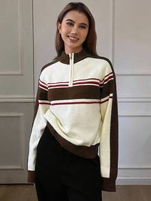 DAZY Suéter holgado y casual de mujer con media cremallera, bloques de color y rayas, para otoño/invierno - Marrón - Ver 5