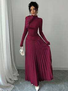 Elenzga Asymmetrical Pleated Colorblock 3D Flower Decor Elegant Women Dress Maxi Women Outfit - Burgundy - View 6