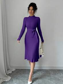 Rafferiza Rochie elegantă minimalistă tricotată, cu guler înalt, mânecă lungă, talie scurtă, culoare solidă, cu nod