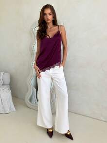 Aloruh Women's Solid Color Spaghetti Strap Loose Lace Trim Fashionable Summer Camisole Burgundy Top Deep Purple Satin Top With Lace Trim, Sexy And Feminine, Perfect For A Romantic Date Or New Year's Eve Party Burgundy Tops,Tank Top - Purple - View 6