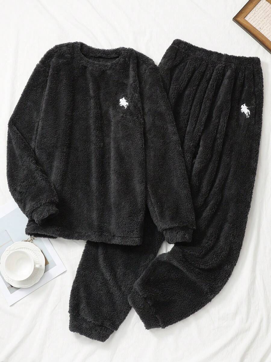 Teenage Boys' Solid Dark Grey Fleece Long Sleeve Top And Pants Set, Minimalist White Embroidered Casual Pajama Loungewear Set