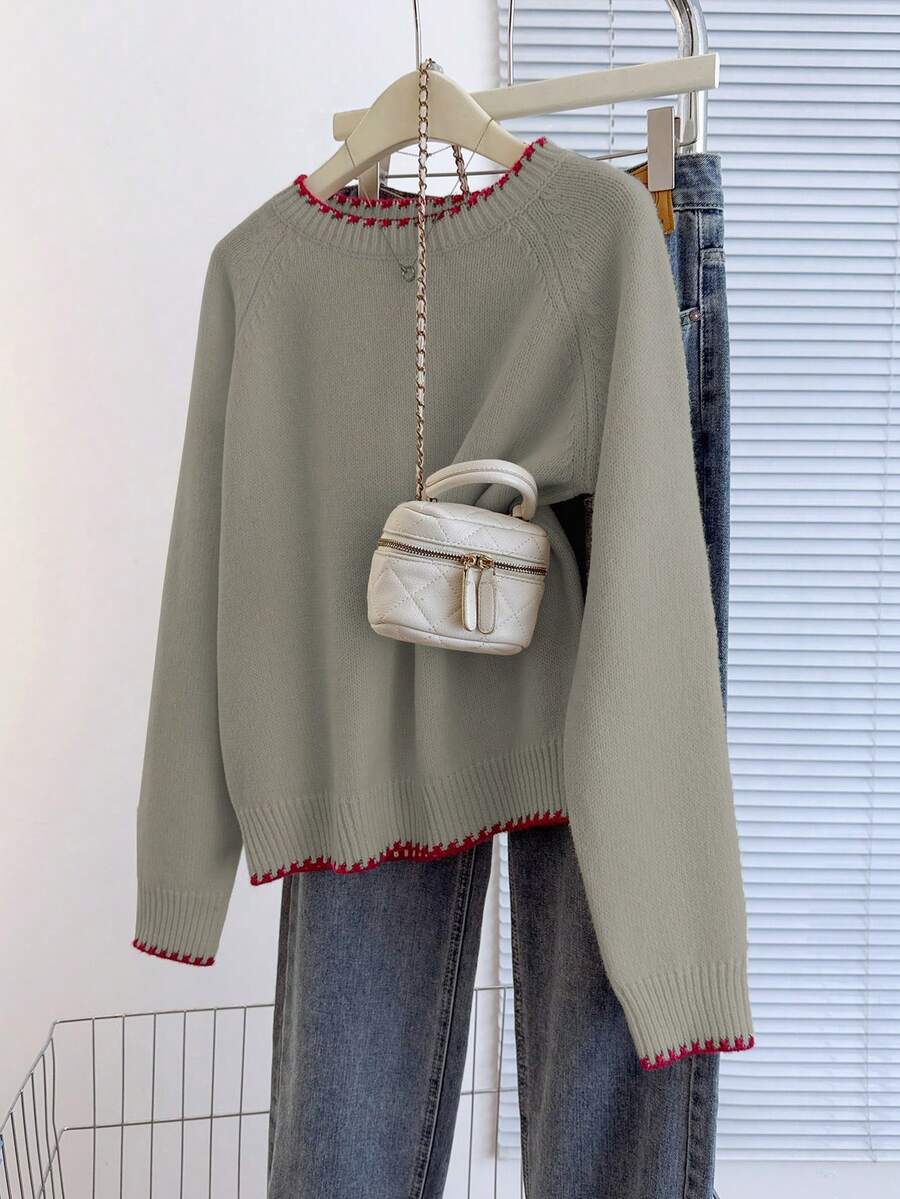 Franclia Cozy Camel Knit Pullover For Women Casual Long Raglan Sleeve Round Neck Regular Length Sweater With Rib-Knit Accents - Camel - View 1