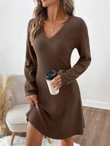 SHEIN Clasi Váy len ngắn tay dài cổ chữ V màu nâu chải kỹ dành cho nữ, mùa thu/đông - màu nâu - Xem 4