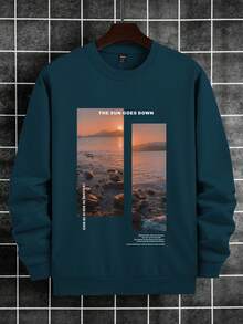 Manfinity Homme 男士印花休闲圆领长袖卫衣 蓝绿色卫衣 男士街头风蓝色图案卫衣 男士图案衬衫 男士蓝色卫衣 - 藍色 - 查看 3