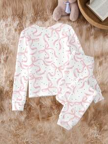2pcs/Set Girls Butterfly Print Knitted Elastic Fleece Fabric Thick Winter Round Neck Long Sleeve Top And Leggings Homewear Set Snug Fit - Multicolor - View 2