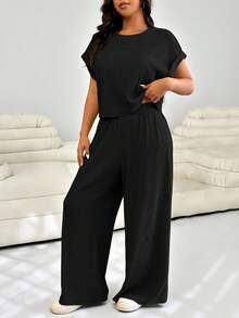 Solflare Bộ 2 món áo phông in họa tiết tay cánh dơi rộng rãi cỡ lớn + quần, trang phục thường ngày mùa xuân/hè - màu đen - Xem 4