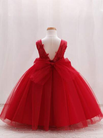 SHEIN Glamorique Kids Vestido formal de niña para fiesta de vacaciones/boda, vestido de niña de las flores de malla blanca de alta calidad con gran lazo en la espalda en V y falda esponjosa de princesa