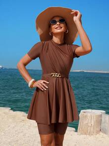 Swim Mulvari 2pcs Women's Fashionable Zip-Up Tankini Top And Shorts Swimsuit Set, Coffee Color, With Gold Chain Accent, For Spring/Summer - Coffee Brown - View 4