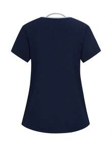 TaskEZ Conjunto de uniforme de pijama de unicolor con parches, cuello en V y manga corta - Azul Marino - View 4