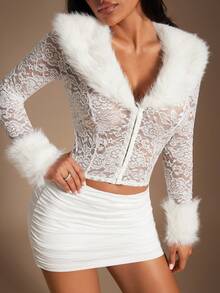 Radiana Set de 2 piese pentru femei, cu mânecă lungă, crop top și fustă mini bodycon, model sexy, la modă - alb - Vizualizare 8