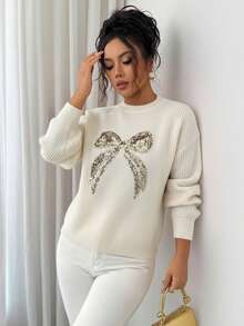 Elenzga Women's Elegant Round Neck Long Sleeve Sequin Bow Sweater, Versatile For Various Occasions And Seasons, Christmas & Winter - Beige - View 5