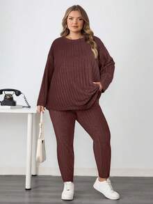 SHEIN CURVE+ 2 件套女士加大码法式返校运动装，简约纹理紧身裤和长袖上衣套装/秋冬 - 棕色 - 查看 6