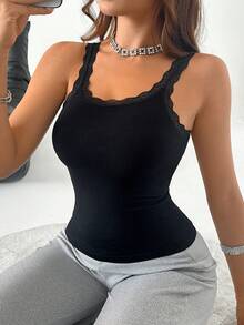 SuitURBody Women's Sexy Lace Camisole, Casual Minimalist Fitted T-Shirt, Suitable For All Seasons, Wear As Undershirt For Home, Commute, And Daily Occasions - Black - View 1