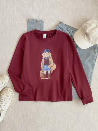 PrepCrw 1pc Tween Girls Elegant School Style Casual Urban Cute Puppy Graphic Maroon Red Round Neck Long Sleeve T-Shirt, Suitable For Home, Daily Wear, Christmas, Holidays, Autumn/Winter Fall,Holiday ,Christmas