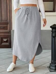 Easura Chân váy chữ A màu trơn cạp chun thường ngày cỡ lớn dành cho nữ, thích hợp mặc hàng ngày, đi nghỉ, đi biển, mùa xuân/hè - Xám - Xem 4