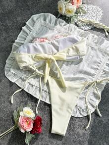 Swim Chiccia Women's Solid Color Sexy Tube Floral Decor Backless Removable Strap Tie-Up Triangle Bikini Swimwear 2-Piece Set, Spring/Summer - Beige - View 7