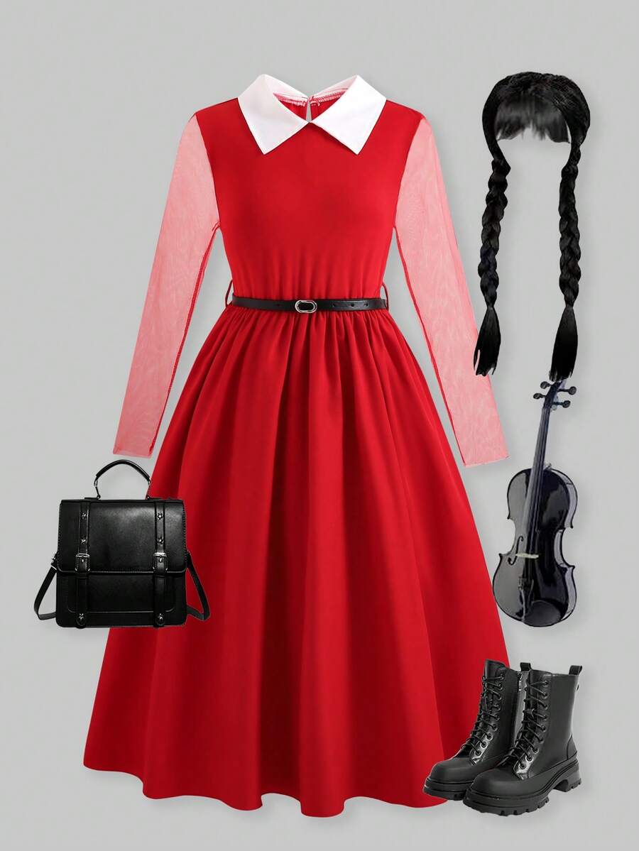 SHEIN ChillGRL 1pc Tween Girls' Long Sleeve Colorblock Ruffle Collar Fashion Dress - Burgundy - View 1