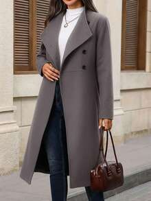 EMERY ROSE Women's Front Button Notched Collar Long Sleeve Maxi Overcoat, Fashionable & Versatile - Dark Grey - View 8