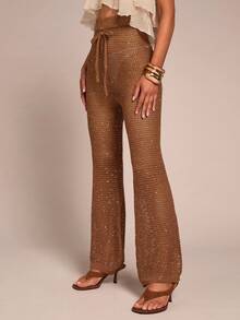 Glamine Damen Hose mit elastischem Bund, Schleife und Pailletten Dekor, modische gestrickte Weite Hose - Braun - Übersicht 4