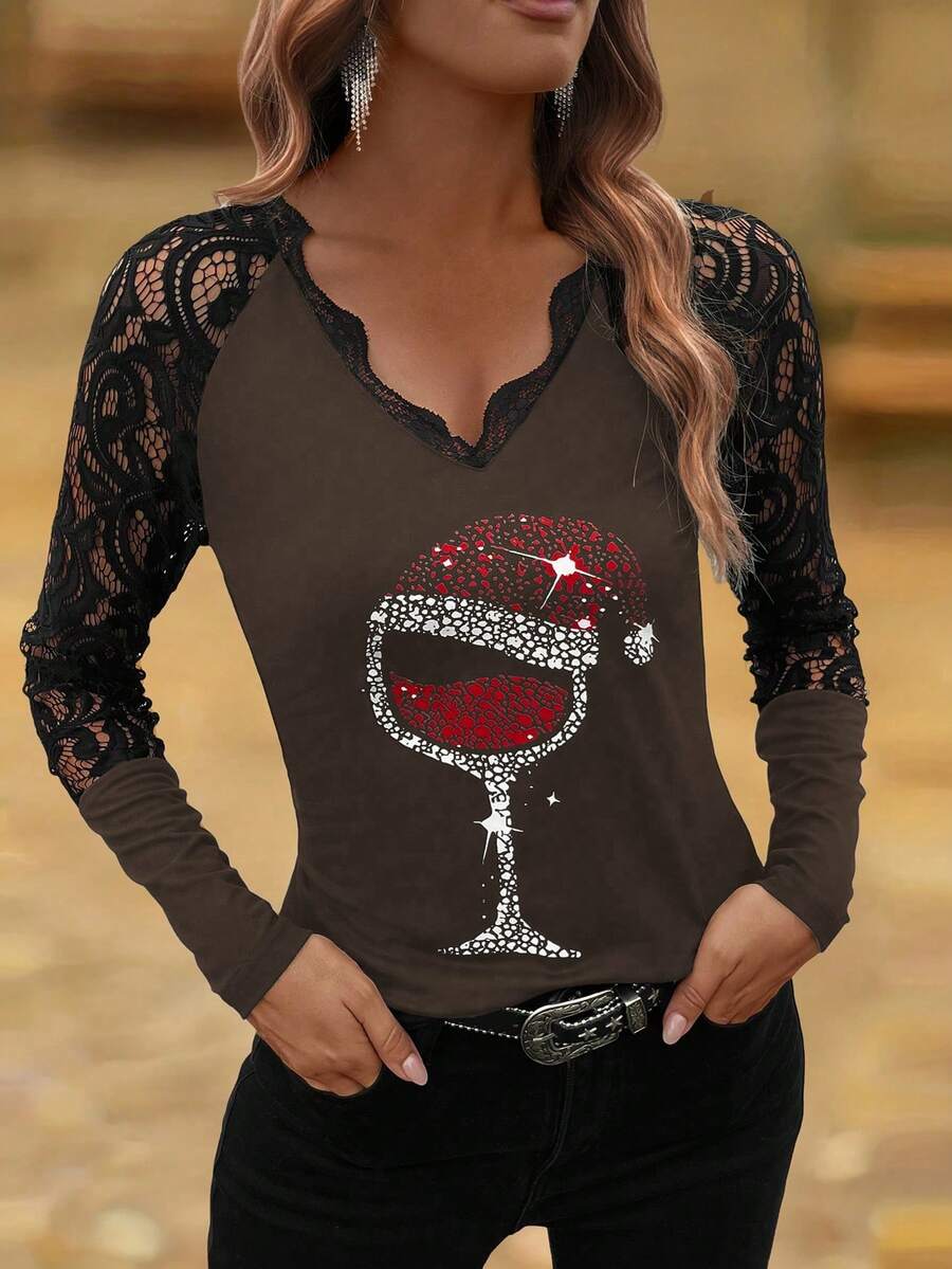 SHEIN LUNE Women's Autumn/Winter Fashion Solid Color Lace Patchwork Wine Glass Print T-Shirt Graphic Tees Women Tops - Coffee Brown - View 1