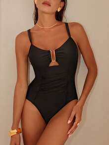 SHEIN Swim 2026 Spring/Summer Women's Adjustable Metal U-Shaped Decor Black Elegant Fitted Waist Ruched One-Piece Bikini Swimsuit - Black - View 6