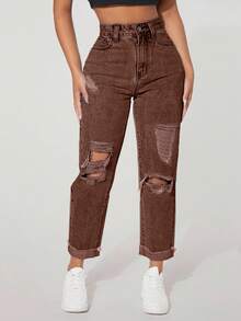 SHEIN PETITE Women's Casual Versatile Everyday Distressed Pocket Jeans - Coffee Brown - View 4