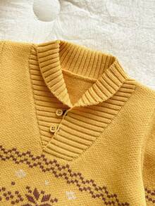 SHEIN Vintaside Kids Baby Boys Knit Sweater Set,Shawl Collar Pullover & Pants,Winter Snowflake Pattern,Brown And Yellow Polka Dot,Autumn,Modest,Matching Family,Toddler - Multicolor - View 4