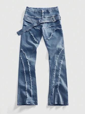 Street Life بنطلون جينز رجالي مزين بإبزيم، بتصميم كاجوال مع حافة مبهتة ومتطبقة ومشوهة