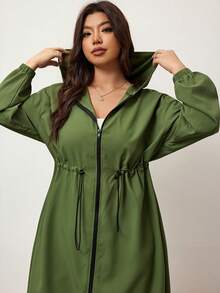 Enliva Women's Solid Drawstring Hooded  Long Sleeve Trench Coat Plus Size Hooded Jacket Plus Size Curve Fall Jacket Plus Size Olive Green Fall Jacket For Women, Winter, For Apple Rounded Body Shape - Army Green - View 9